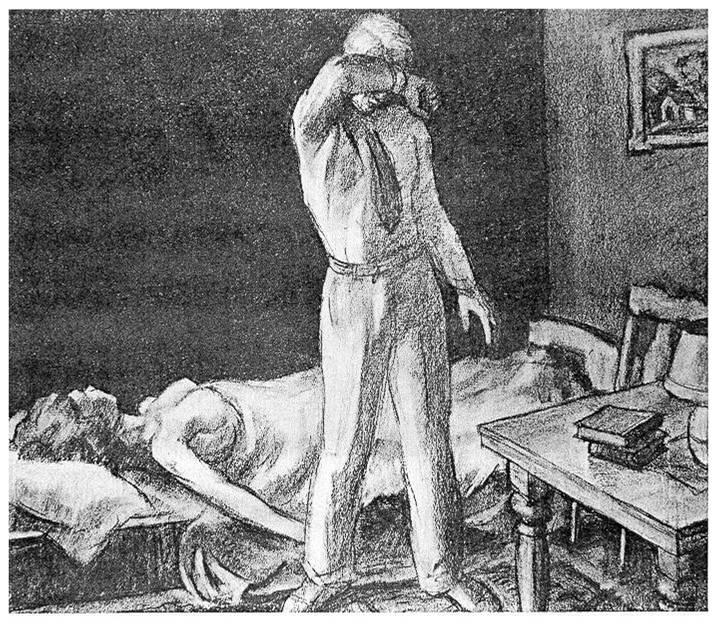 A prone figure on a bed and a person standing and covering their eyes