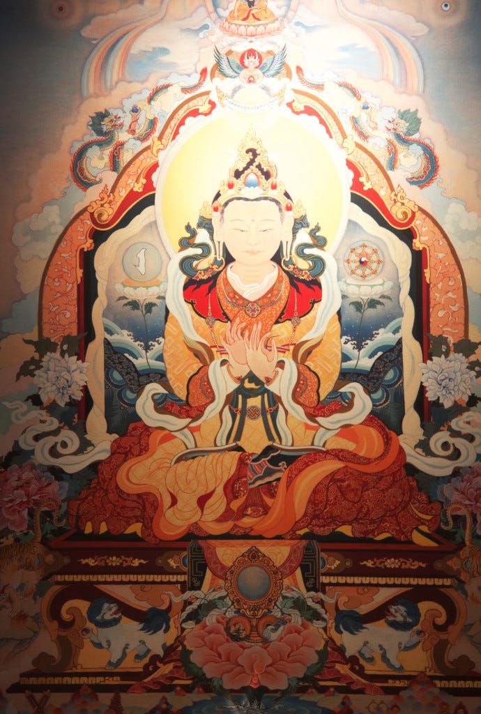 This piece adorns the wall above the prayer shrine in the central meditation room at the Shambhala meditation center of Bellingham. 