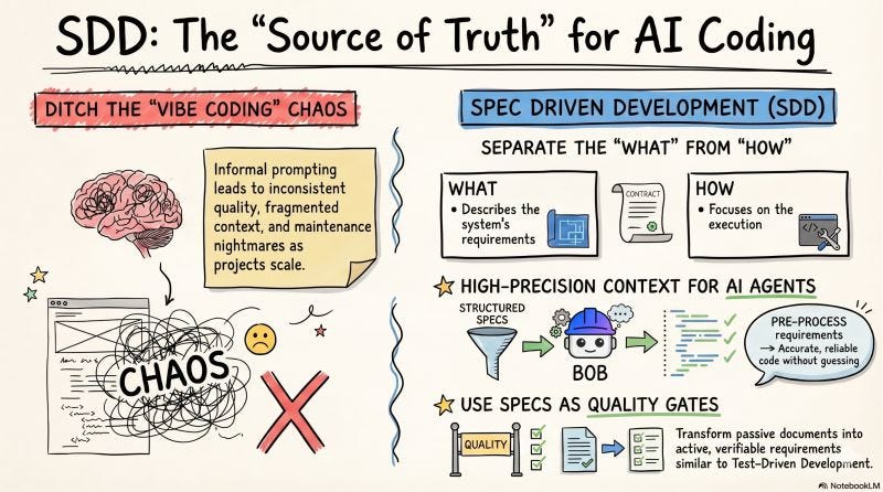 Informal prompting fails at scale, and how Spec Driven Development (SDD) separates the what from the how to give AI agents an unmistakable source of truth. (image source: Bao)