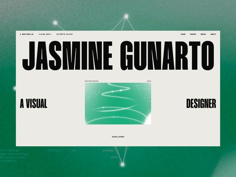 Jasmine Gunarto portfolio website with bold oversized typography, minimal layout, and central motion design preview on a soft green gradient background