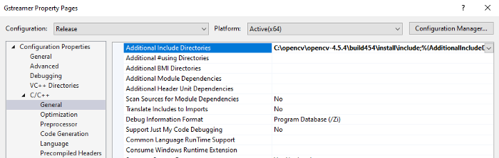 Visual studio Gstreamer Opencv project configuration