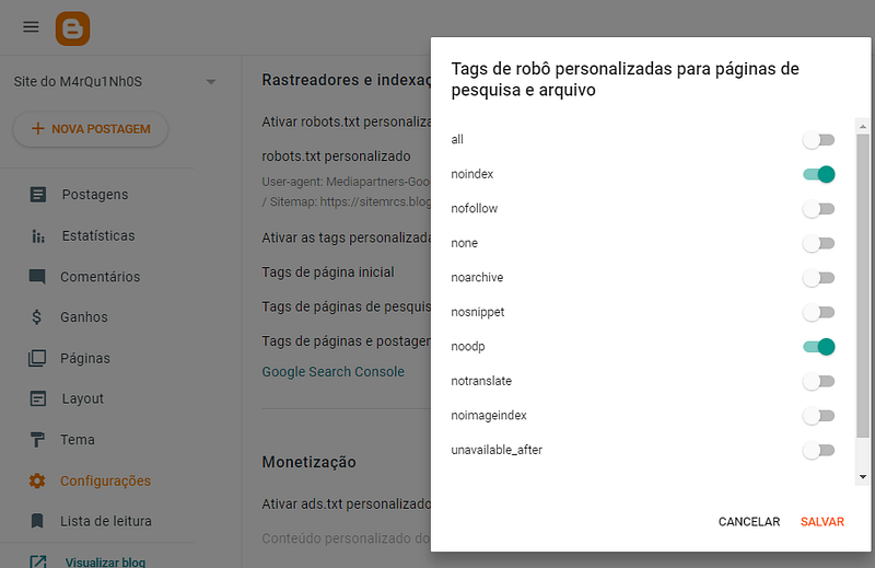 selecionando as tags noindex e noodp