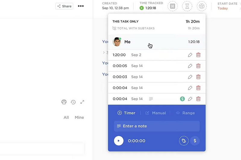 time tracking a task - ClickUp time management