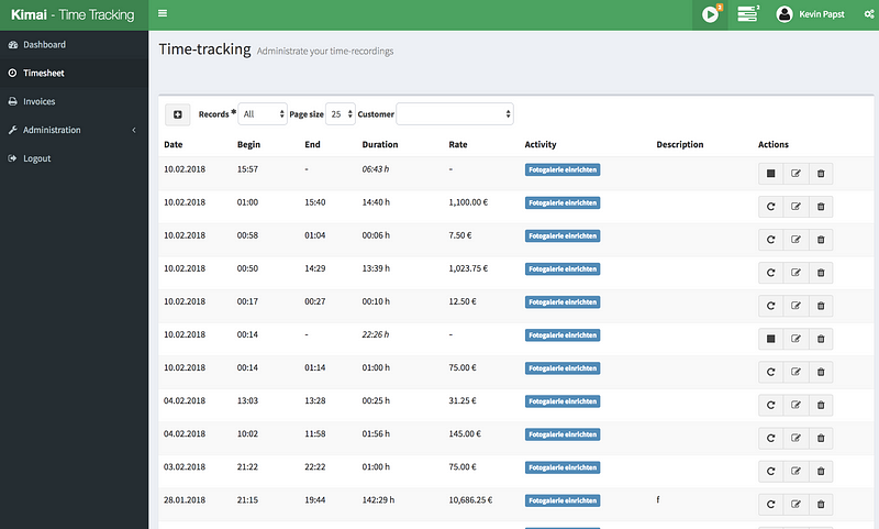 Kimai time tracking dashboard - time tracking for contractors