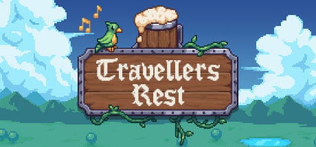 The logo for Traveller’s Rest. A pixel art image of a wooden sign with a beer mug above it. A green bird sits on the sign, which is surrounded by vines.