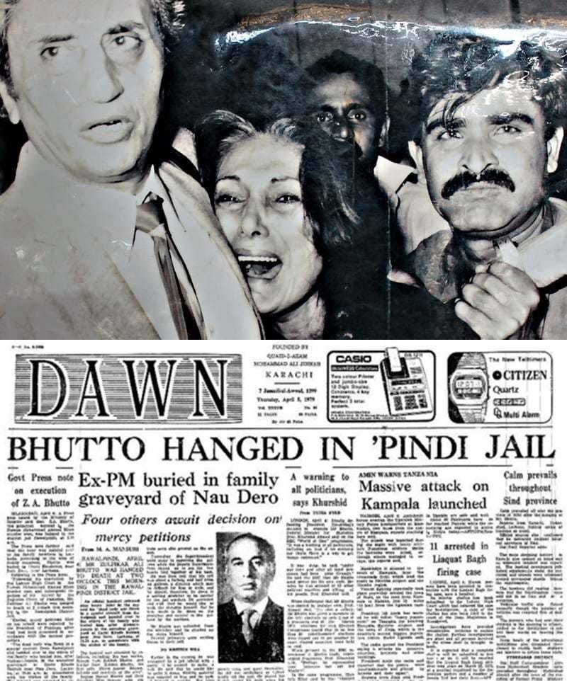 The front page of the Dawn newspaper, headlined ‘Bhutto hanged in Pindi Jail’