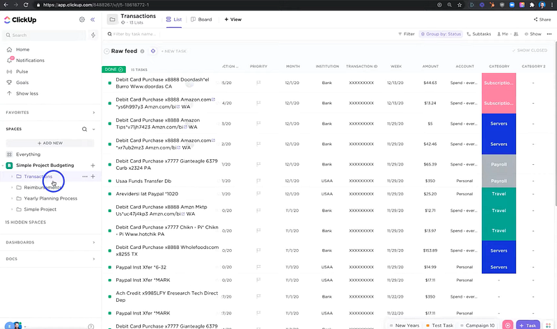 transactions dashboard for budget tracking on ClickUp