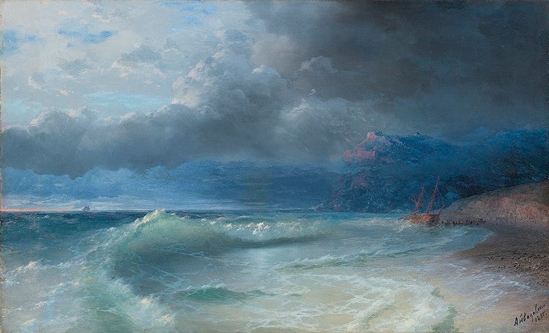 A painting of a seashore after a storm with a shipwreck in the distance.