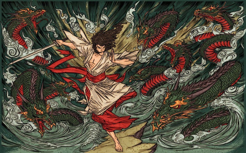 The deity Susanoo battles the eight-headed serpent Yamata-no-Orochi