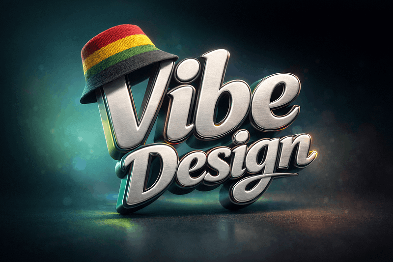 3D metallic typography spelling “Vibe Design” with a colorful striped hat, set against a dark gradient background.