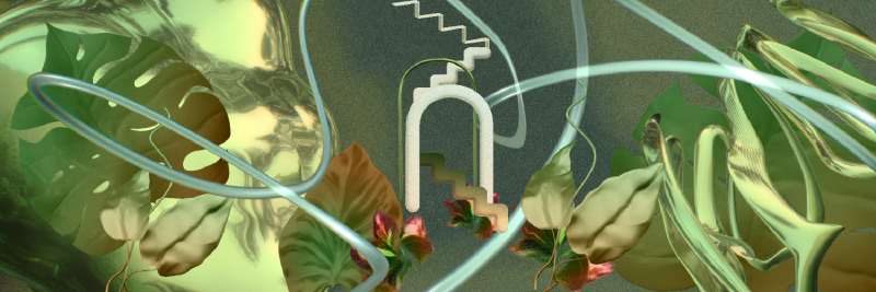 grean foliage on a grainy background with loopy lines and steps and and entrace