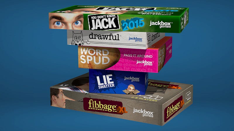 five jackbox games stacked together