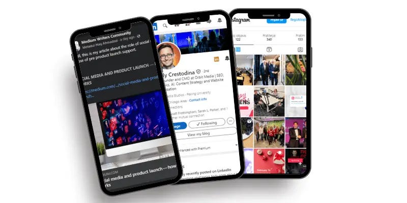 Three smartphones displaying social media content type: a Medium article, a LinkedIn profile, and an Instagram photo grid.