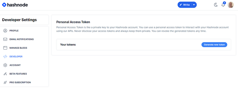 The UI for generating a Personal Access Token (PAT) in Hashnode.