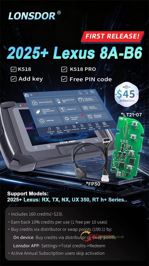 Lonsdor K518 Proを使用して2025+ Lexus 8A-B6キーを追加する方法