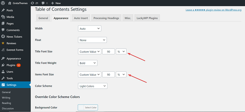 We can customize many settings of the table of contents.