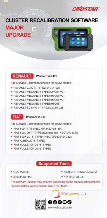 OBDSTAR BYD, Renault, Fiat Cluster Recalibration Software Upgrade