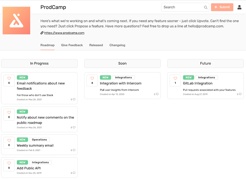 product public roadmap — prodcamp example