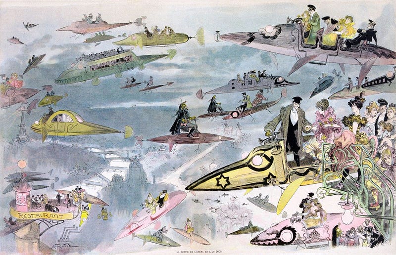 A speculative painting featuring flying cars
