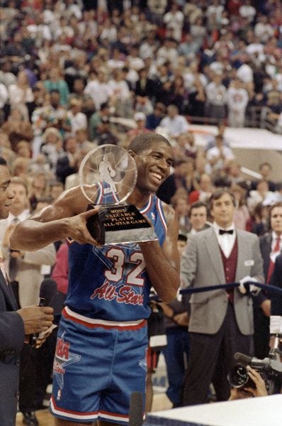 Magic Johnson holds his All-Star Game MVP trophy in 1992.