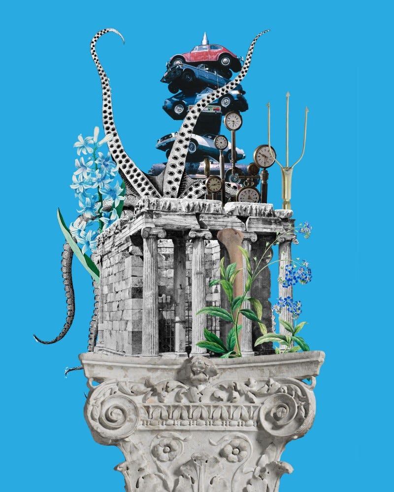 Collage with elements. Blue background, old columns, trident, multiple old cars on a spike, octopus tentacle illustration, antique gauges