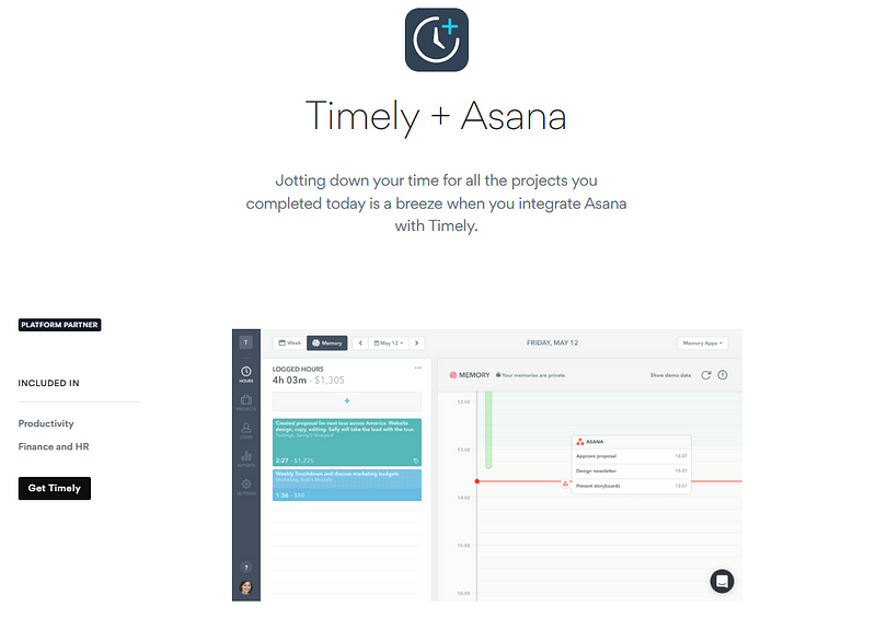 Timely App page on Asana