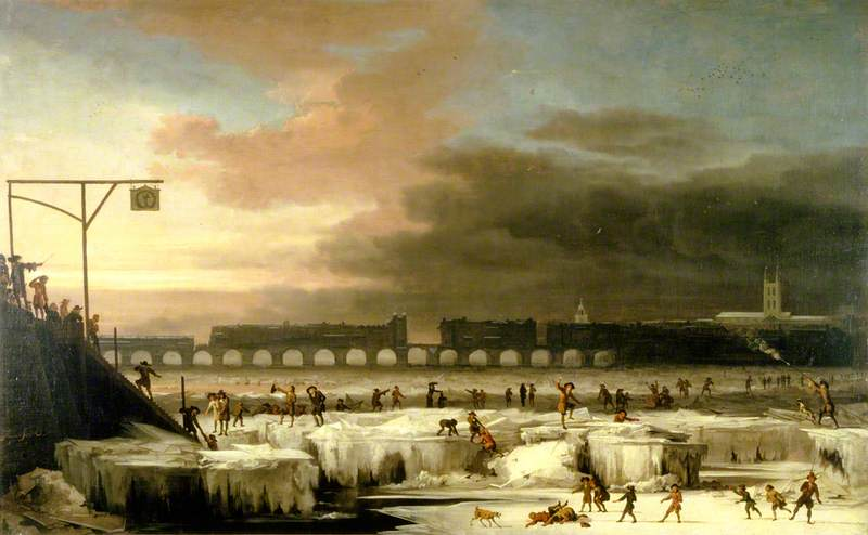 Paiting by Abraham Hondius depicting groups of people and several animals on the frozen Thames
