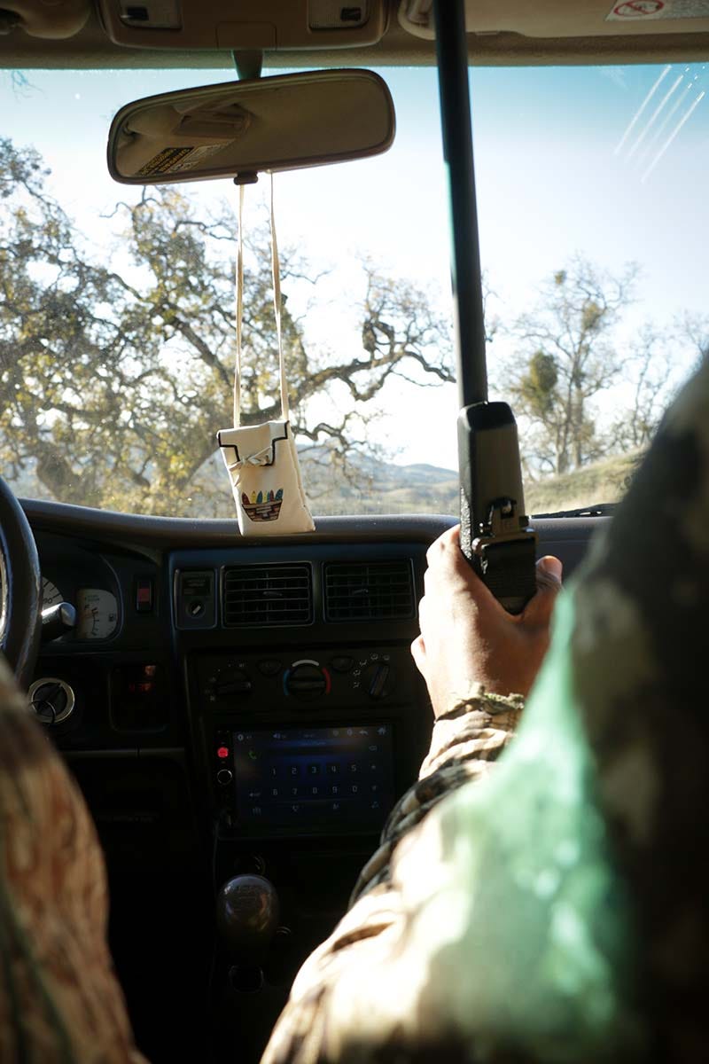 Tracking wild boar by truck on public land.