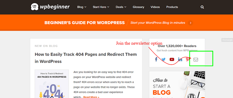 The wpbeginner.com has placed the newsletter joining at their sidebar, where the new visitor will click, and a signup form will appear.