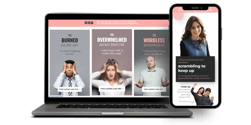 Laptop and smartphone displaying a professional copywriting website with client personas on Michal Eisikowitz copywriting website
