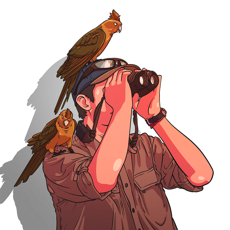man using binoculars while two birds rest on his torso