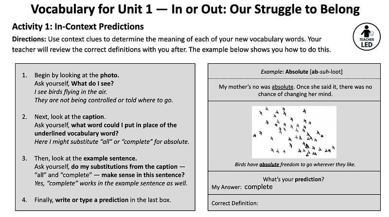 An example vocabulary activity from a CommonLit 360 unit. The activity has students make in-context predictions.