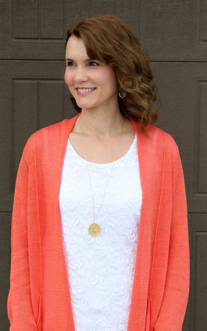 Spring outfit idea - nude patent wedges, white denim, white lace top and a coral cardigan.