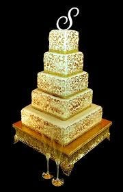 A multi-tiered cake on bakery shelves