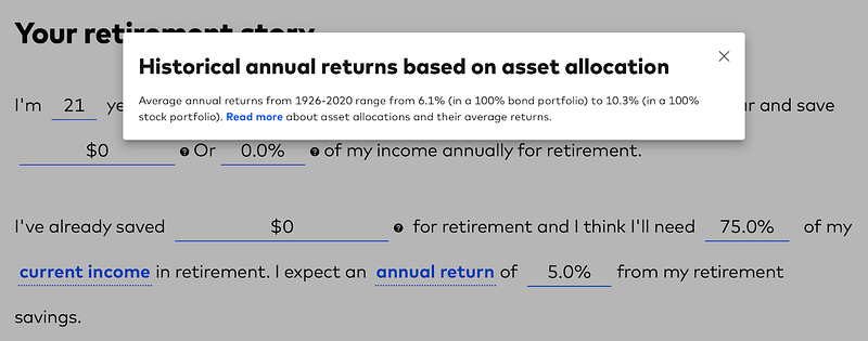 Screenshot of Vanguard’s retirement calculator.