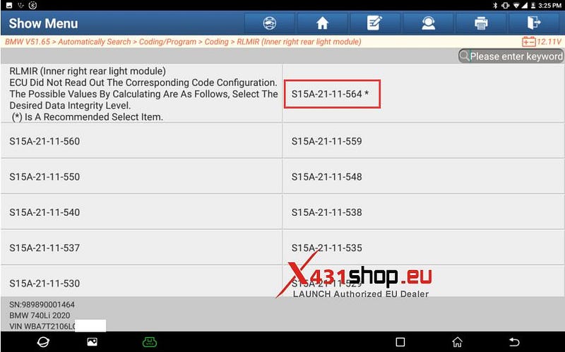 LAUNCH X431 Diagnostic Tool Online Coding BMW 740Li Lights