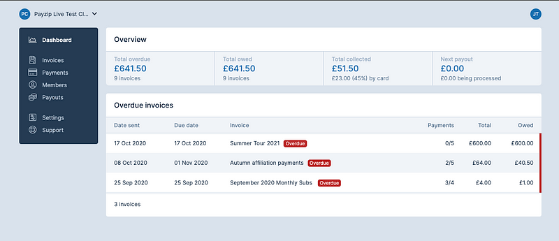 A screenshot of the Payzip dashboard showing invoice sets which have overdue invoices within them
