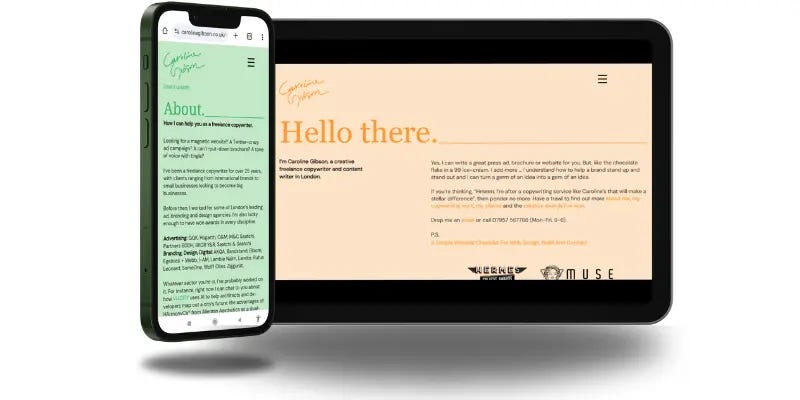 Caroline Gibson’s creative content website displayed on a smartphone and tablet.
