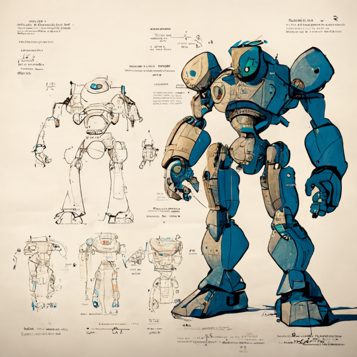 A blueprint diagram of a bipedal, humanoid robot