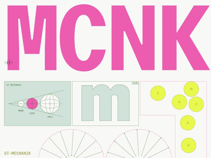Bold pink “MCNK” typography dominating a clean layout, surrounded by geometric diagrams, grid systems, and color elements showcasing the visual identity of GT Mechanik.