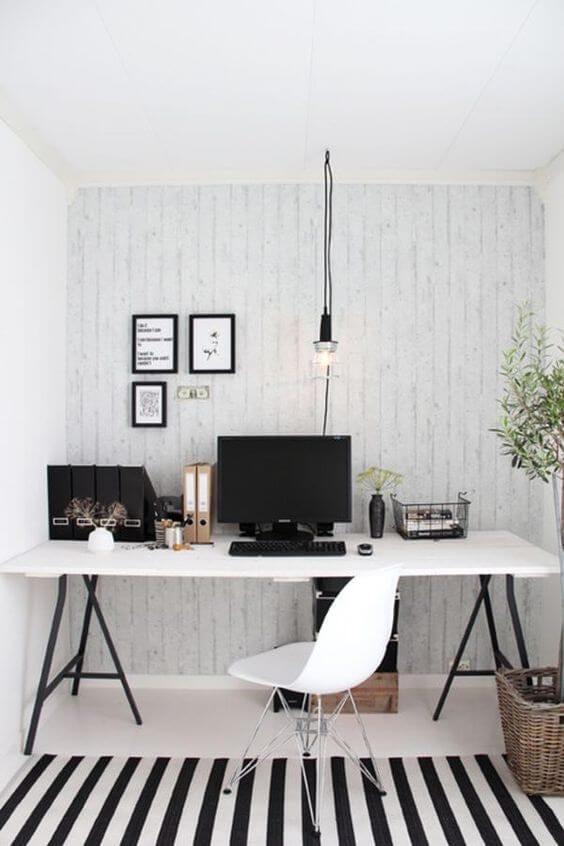 Scandinavian office with striped rug