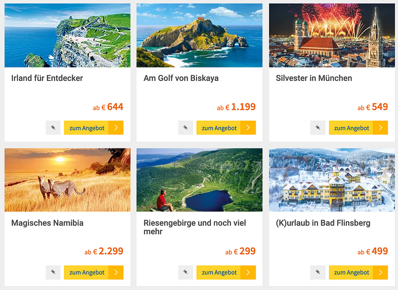 Trendtours homepage featuring available holiday packages