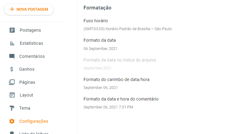 screenshot das configurações de formatação de data