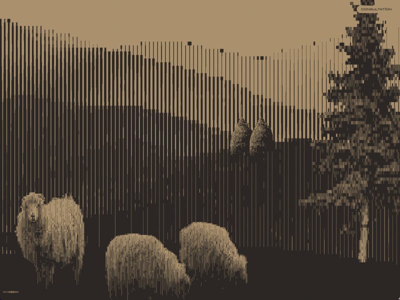 Minimal monochrome landscape illustration created with vertical line patterns, featuring sheep, trees, and rolling hills in a retro pixel-art aesthetic