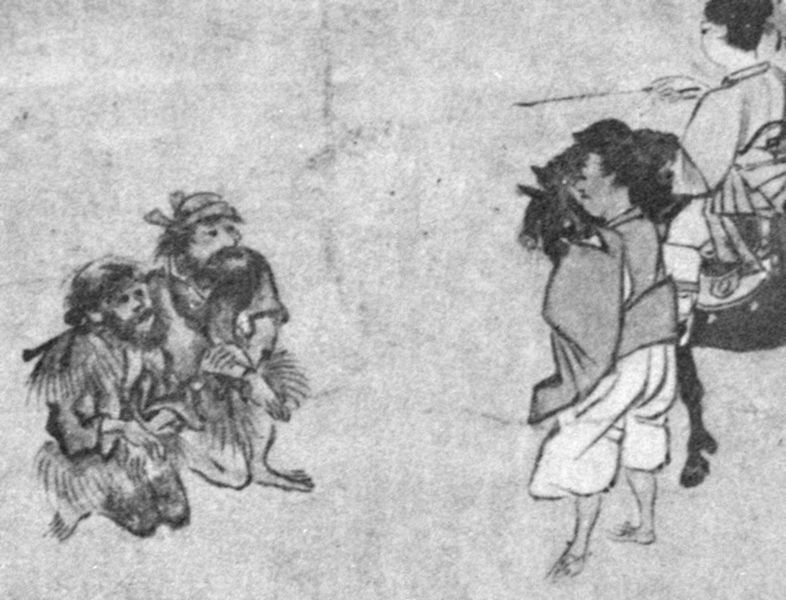 Two Emishi men in robes of fur kneeling before a Japanese-clad prince.