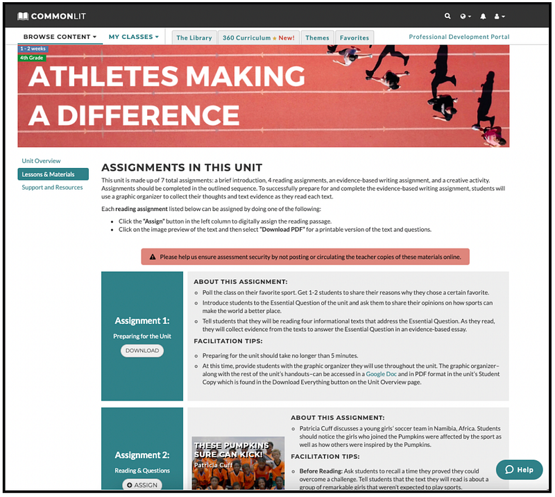 The "Lessons & Materials" page for the mini-unit "Athletes Making a Difference."