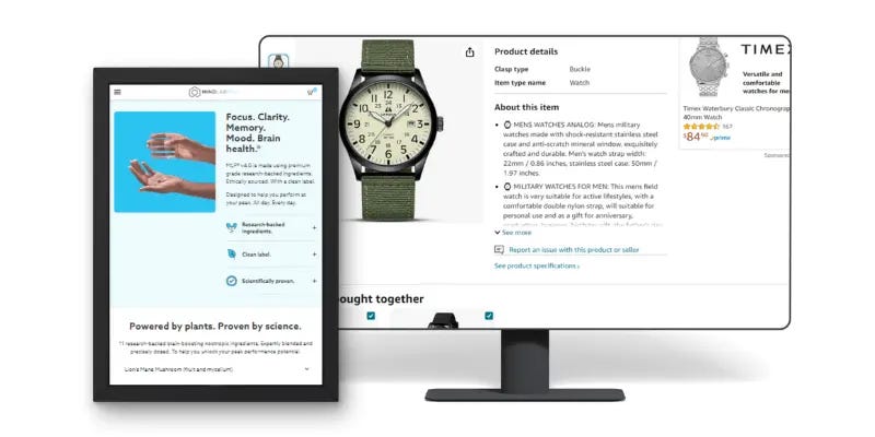 A tablet displays a product description for a health supplement, while a monitor shows an Amazon product page for a men’s analog watch.