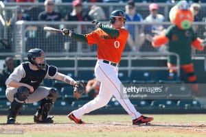 CORAL GABLES, FL - FEBRUARY 14: Zack Collins #0 of the Miami Hurricanes hits a double scoring three runs against the Rutgers Scarlet Knights in the second inning on February 14, 2015 at Alex Rodriguez Park at Mark Light Field in Coral Gables, Florida. Miami defeated Rutgers 9-5. (Photo by Joel Auerbach/Getty Images) *** Local Caption *** Zack Collins