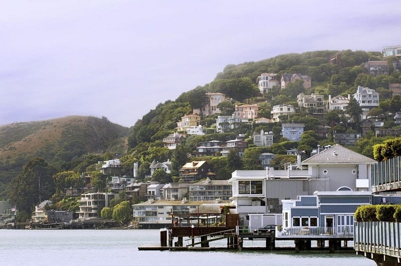 Sausalito, California with fog coming rolling in along San Francisco Bay.