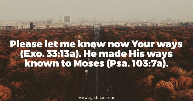 Please let me know now Your ways (Exo. 33:13a). He made His ways known to Moses (Psa. 103:7a).